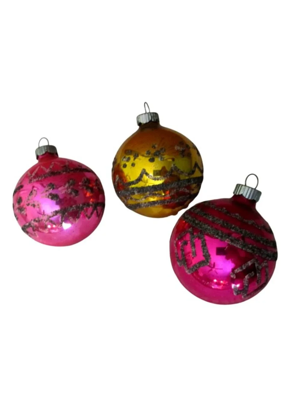 Set of 3 Vintage Shiny Brite Glass Christmas Ornaments – Glitter Design, 2.5 Inc